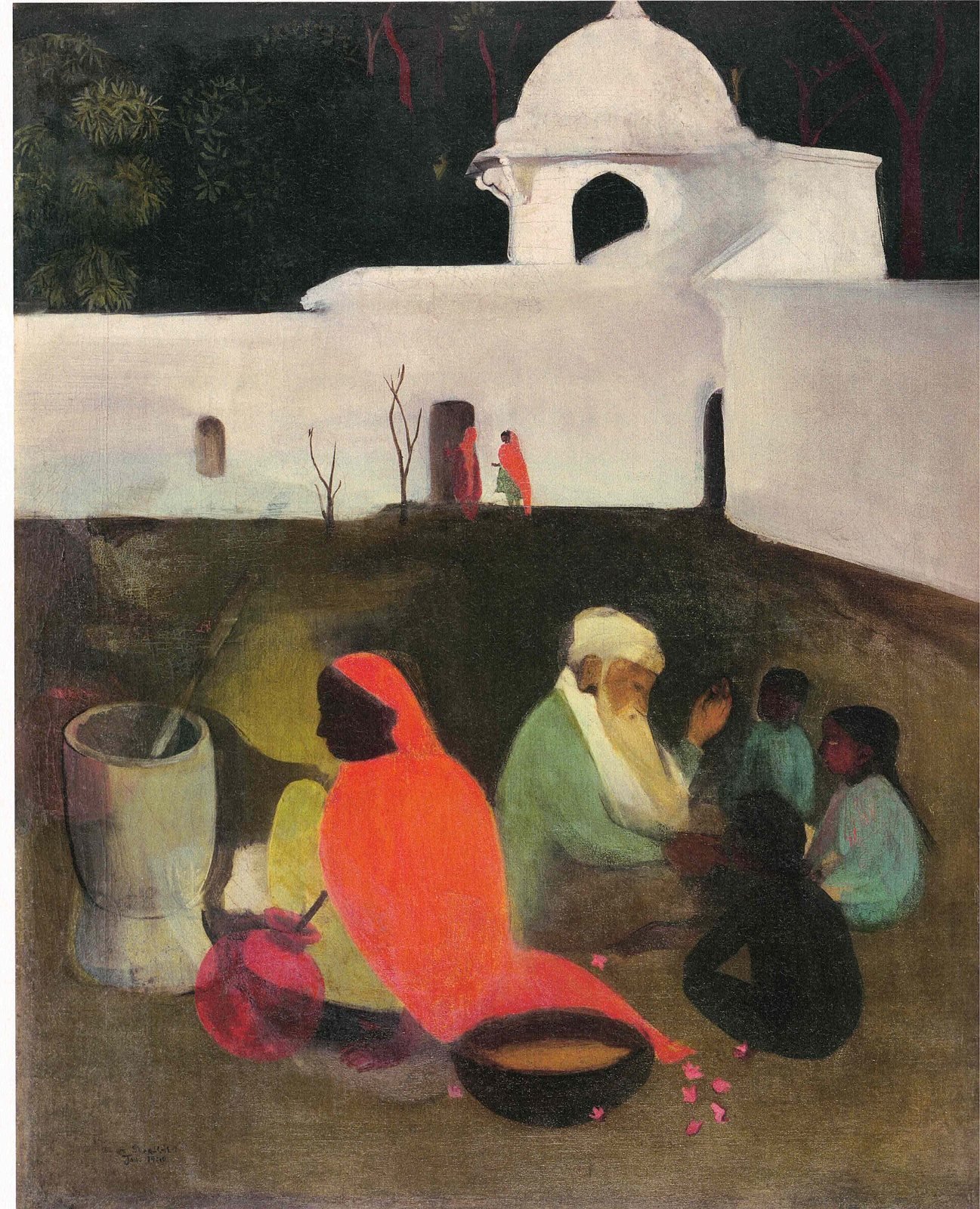 Amrita Sher-Gil, The Story Teller: women in bright clothes sit with an old man before a white-walled village shrine.