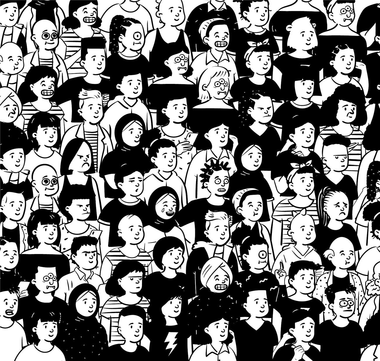 Black and white line illustration of a dense crowd of many different people.
