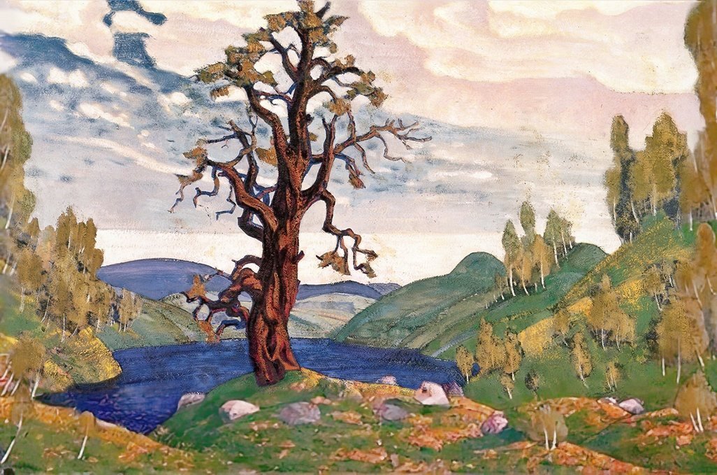 Nicholas Roerich, The Kiss to the Earth: a bare tree on a hill above a lake, under a cloudy sky.