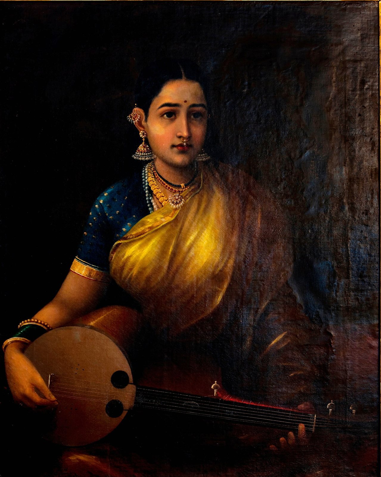 Raja Ravi Varma, Lady Playing Swarbat: a woman in a gold sari holding a stringed instrument.