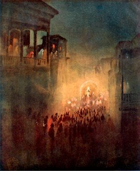 Gaganendranath Tagore, Pratima Visarjan: a crowd carries a glowing idol through a dark street at night.