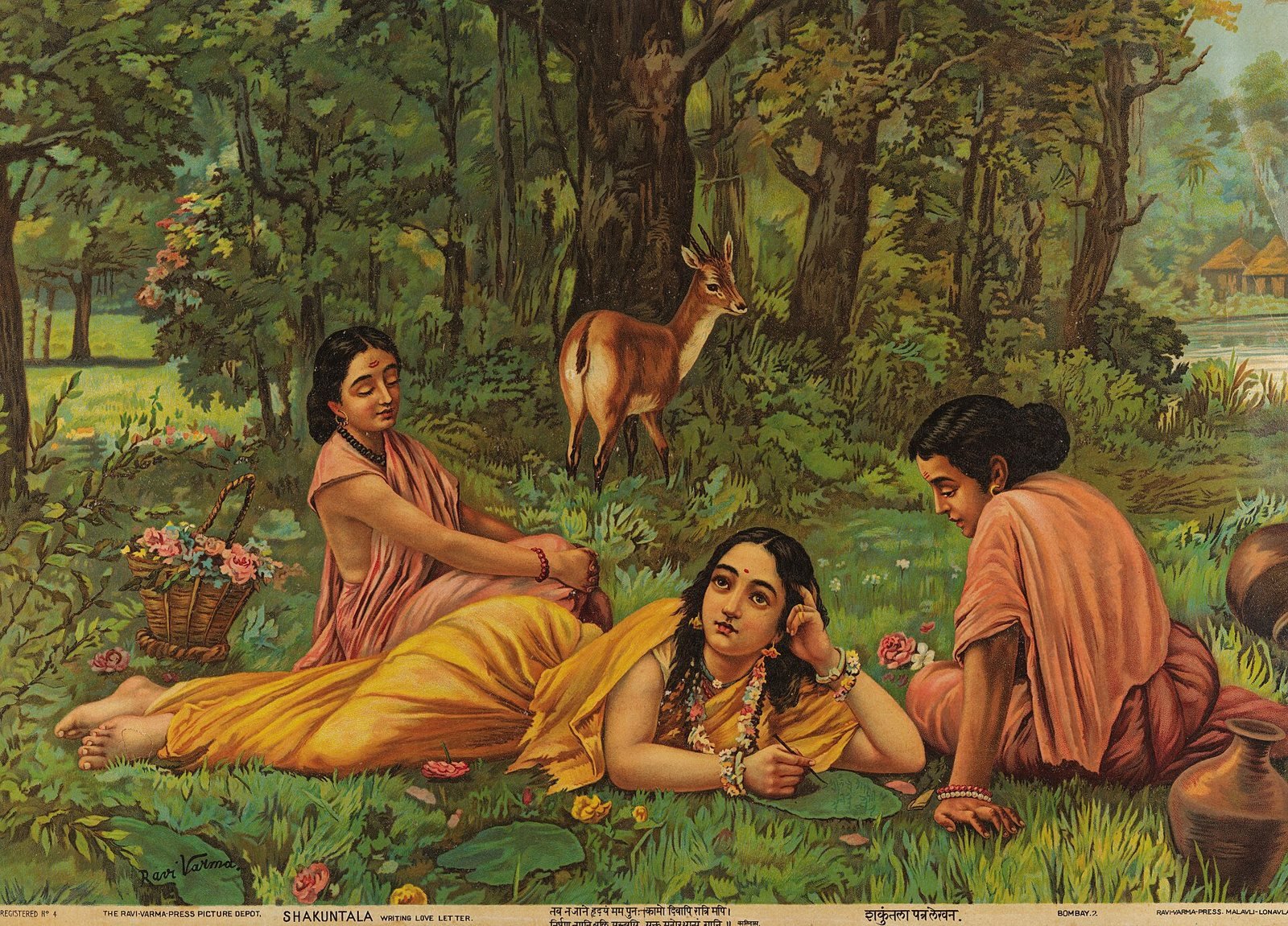Raja Ravi Varma, Shakuntala: Shakuntala lies in a forest clearing with her two companions, a deer behind them.